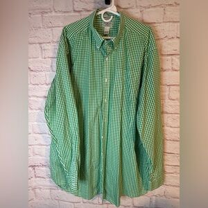 LLBEAN Men’s Button Down Casual Shirt Green Check Wrinkle Resistant Tall